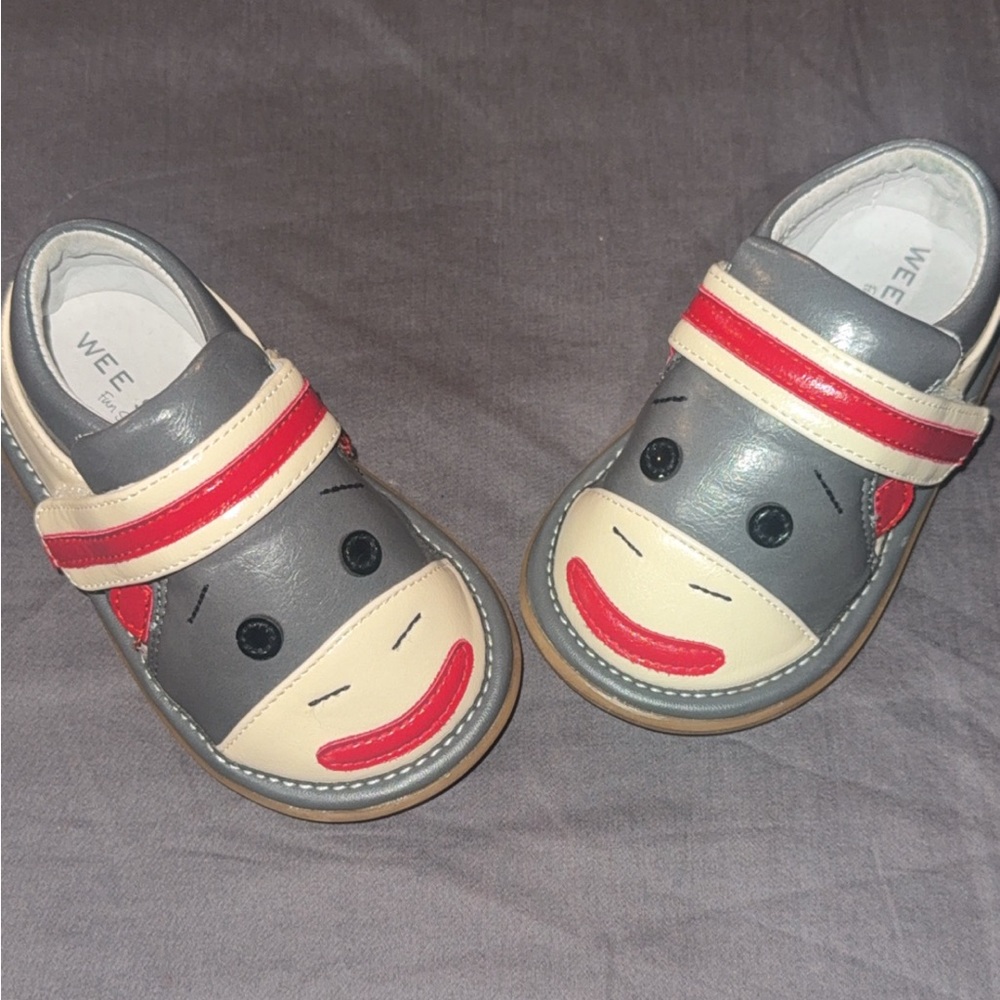 Charming Monkey Face Baby Shoes - Gray, Red, and Cream